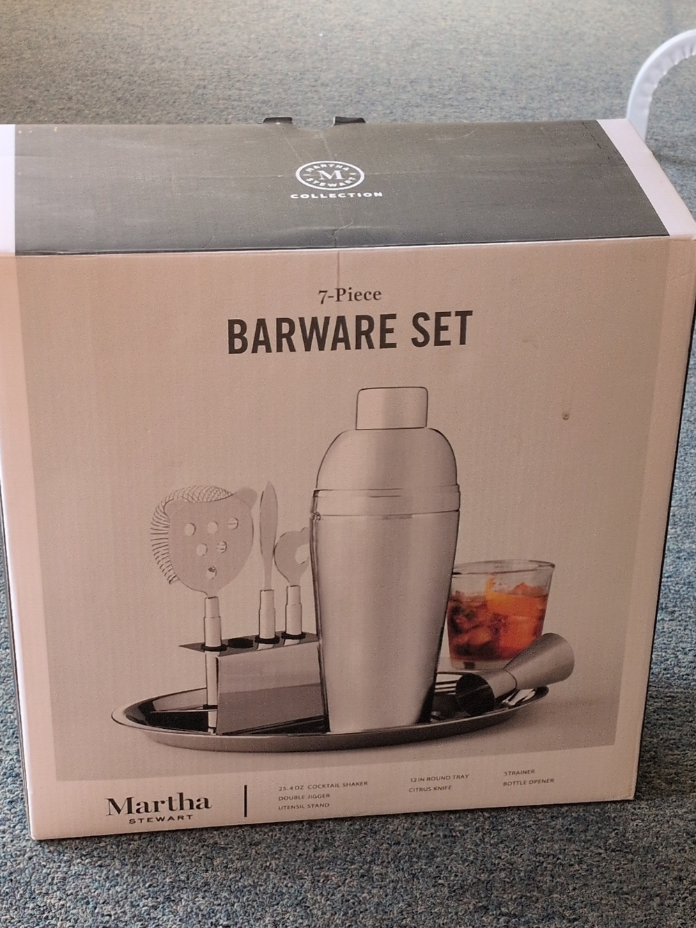 Martha Stewart Silver 7-Piece Barware Set with Tray New In Open Box